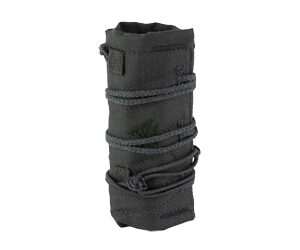 Rolled black fabric wrap with multiple cords tied around it, forming a compact cylindrical coil