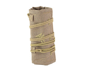 Rolled beige burlap bandage bound with twine/twine-like cordage.