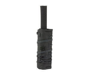 Compact black flashlight wrapped in paracord with a hanging strap at top.