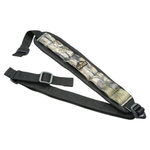 Camouflage padded rifle sling with adjustable black strap and metal buckle.