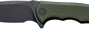 Open folding knife with a green textured handle and a black blade.