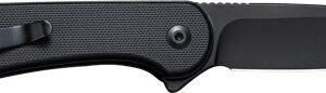 Black folding knife with textured handle and pocket clip, blade partially extended.