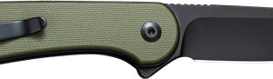 Folding knife with an olive-green textured handle and a black, fully extended blade.
