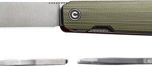 Folding knife with olive-green handle and the blade extended.