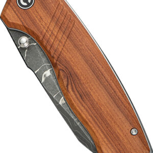 Closed folding knife with a warm wooden handle and metal spine visible at the blade junction.