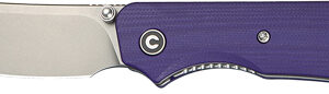 Folding pocket knife with a purple handle and a silver blade extended, featuring a circular logo near the pivot.
