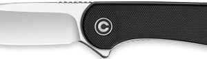 Open folding pocket knife with a black textured handle and a silver blade extended from the blade's tick near the tip, logo on handle.