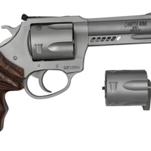 Silver Charter Arms revolver with a dark wood grip and a detachable muzzle accessory shown nearby