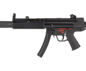 Black compact assault rifle with a suppressor, foregrip, curved magazine, and adjustable stock.