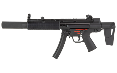 Black compact assault rifle with a suppressor, foregrip, curved magazine, and adjustable stock.