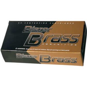 Box of Blazer Brass centerfire ammunition, 50 cartridges, black-to-bronze box with Blazer Brass branding.