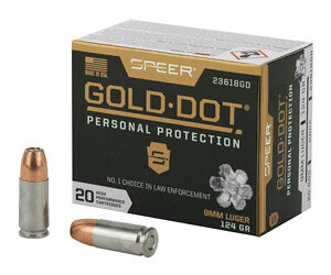 Box of Hornady Gold Dot Personal Protection 9mm Luger ammo, 124 grain, shown with two copper bullets.