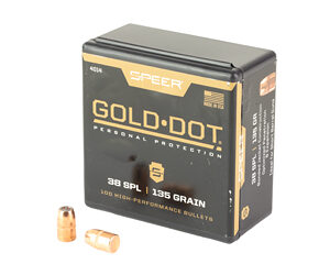Box of Speer Gold Dot Personal Protection 38 Special +P 135 grain hollow-point bullets with two loose rounds beside