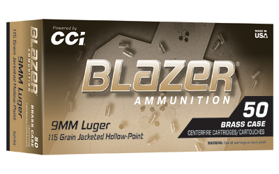 Blazer Ammunition box: 9mm Luger, 115 grain jacketed hollow-point, 50 brass-case rounds by CCI (made in USA).