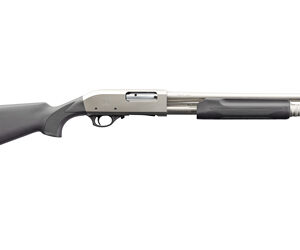 Pump-action shotgun with a black stock and fore-end and a silver receiver.