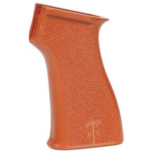 Close-up of an orange rubber boot heel with a textured embossed panel and curved edge edge detail behind.
