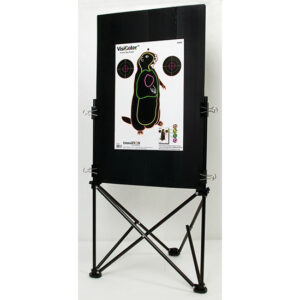 Tall black target stand with a printed penguin target mounted in the center, held by metal clamps and cross-braced base.