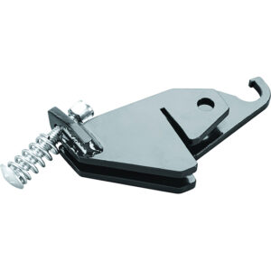 Metal guitar capo with a coiled spring and clamp on a white background (used to raise pitch by clamping strings).