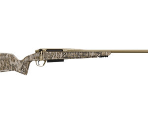 Camouflage-pattern hunting rifle with a long barrel and stock shown in profile