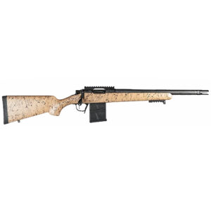 Semi-automatic rifle with tan camo-pattern stock, black magazine, and long barrel photographed side-on