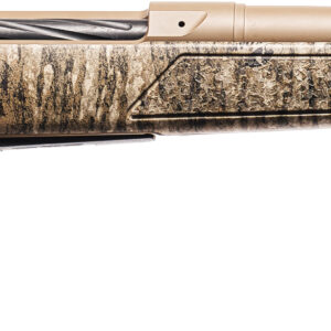 Camouflage-pattern bolt-action hunting rifle with a long tan barrel and a wood-like stock, laid horizontally across the image.