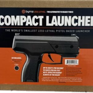 Packaging for a 'Compact Launcher' — the world's smallest less-lethal pistol-based launcher, featuring a black pistol image on an orange label with bold white title.