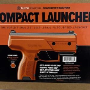 Boxed packaging for a Compact Launcher: an orange pistol-shaped launcher labeled 'the world’s smallest less-lethal pistol-based launcher'.