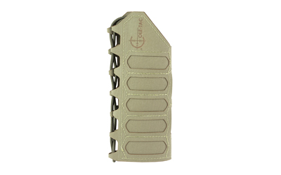 Tan polymer rifle magazine (AR-style) with ribbed body, designed to feed rounds into a rifle.