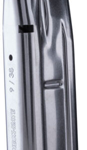 Metal handgun magazine standing upright with a black baseplate; side marked 9/38.