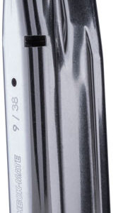 Metal pistol magazine with a black base plate standing upright on a white background.