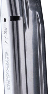 Metal handgun magazine standing upright with a black base, showing feed lips at the top and stamped markings on the side.