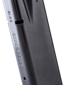 Metal handgun magazine with a flat base, marked 9x19, standing upright on a surface.