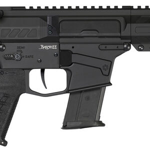 Black AR-style rifle with an adjustable stock, pistol grip, and long picatinny handguard with a muzzle device at the end