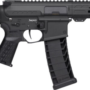 Black AR-style rifle with collapsible stock and a curved magazine beside a long, vented handguard.