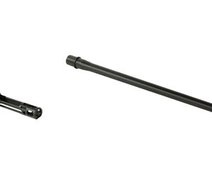 Two firearm components on a white background: a small bolt/receiver assembly (left) and a long curved barrel or rod (right).