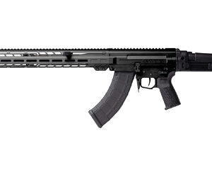 Black modern sporting rifle with a long quad-rail handguard, curved magazine, pistol grip, and adjustable stock.