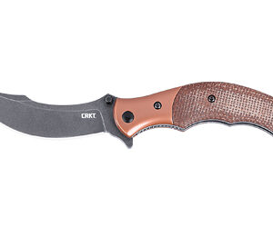 Folding knife with a curved blade and brown textured handle, shown in a closed position partially unfolded piece