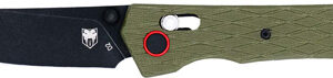 Folding knife with green textured handle and black curved blade, blade partially open, red pivot ring visible.