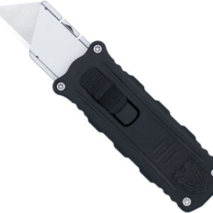 Retractable utility knife with a black textured handle and a partially extended silver blade.