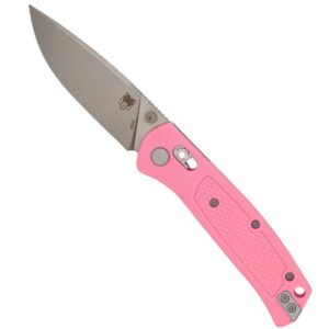 Pink folding pocket knife with a silver blade extended outward, handle in pink.