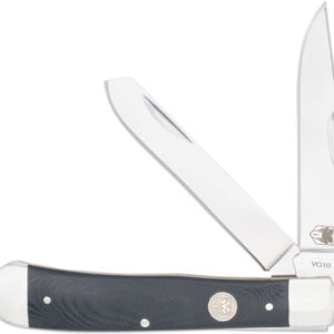 Folding pocket knife with two blades extended and a dark textured handle.
