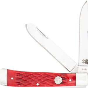 Folding pocket knife with red textured handle and two blades extended.