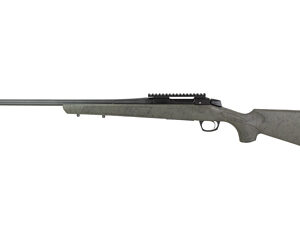 Bolt-action rifle with a long barrel and gray stock shown in side view on a white background.