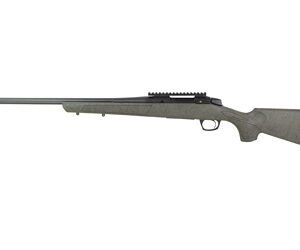 Profile view of a long-barrel bolt-action rifle with a gray stock and top rail.