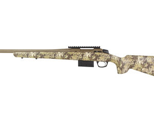 Camouflage-pattern bolt-action sniper rifle with long barrel, top Picatinny rail, and detachable magazine.
