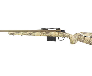 Camouflage-pattern bolt-action sniper rifle with a long barrel and top rail.