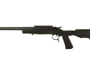 Black semi-automatic rifle with a long barrel, Picatinny rail, and adjustable stock, facing left.