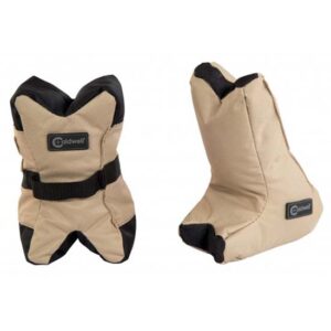 Pair of beige dog boots with black trim and Velcro straps, shown from front and side, labeled Caldwell.
