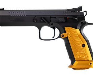 Side profile of a black semi-automatic handgun featuring a gold textured grip and trigger guard