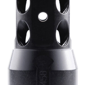 Black cylindrical firearm muzzle brake with multiple vent holes and a threaded base used to reduce recoil.